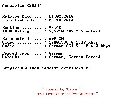 NFO for the release Annabelle.German.720p.BluRay.x264-EXQUiSiTE by EXQUiSiTE