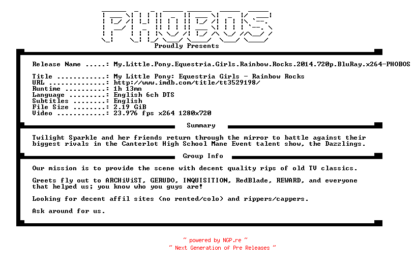 NFO for the release My.Little.Pony.Equestria.Girls.Rainbow.Rocks.2014.720p.BluRay.x264-PHOBOS by PHOBOS