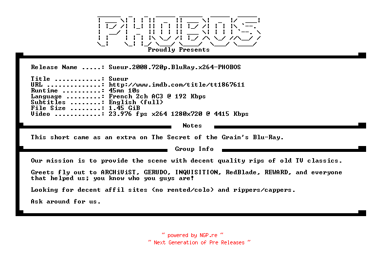 NFO for the release Sueur.2008.720p.BluRay.x264-PHOBOS by PHOBOS