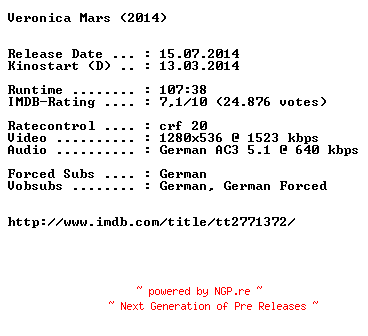 NFO for the release Veronica.Mars.German.720p.BluRay.x264-EXQUiSiTE by EXQUiSiTE