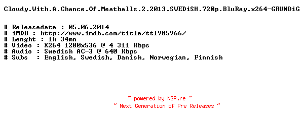 NFO for the release Cloudy.With.A.Chance.Of.Meatballs.2.2013.SWEDiSH.720p.BluRay.x264-GRUNDiG by GRUNDiG
