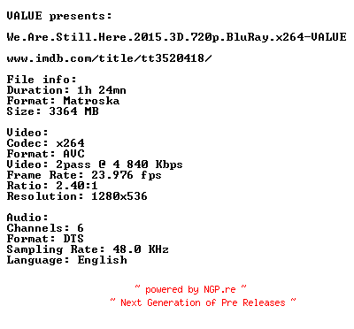 NFO for the release We.Are.Still.Here.2015.3D.720p.BluRay.x264-VALUE by VALUE