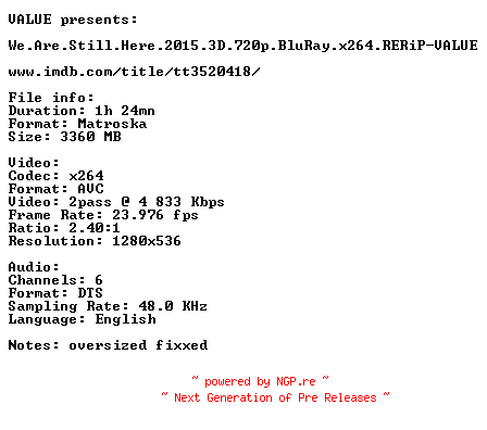NFO for the release We.Are.Still.Here.2015.3D.720p.BluRay.x264.RERiP-VALUE by VALUE