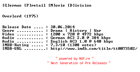 NFO for the release Overlord.1975.GERMAN.AC3D.DL.720p.BluRay.x264-GPMD by GPMD