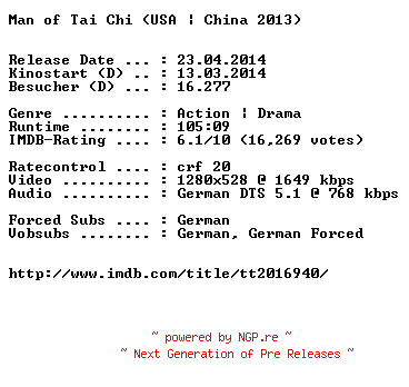 NFO for the release Man.of.Tai.Chi.German.720p.BluRay.x264-EXQUiSiTE by EXQUiSiTE
