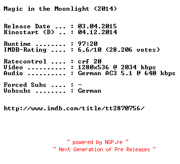 NFO for the release Magic.in.the.Moonlight.German.720p.BluRay.x264-EXQUiSiTE by EXQUiSiTE