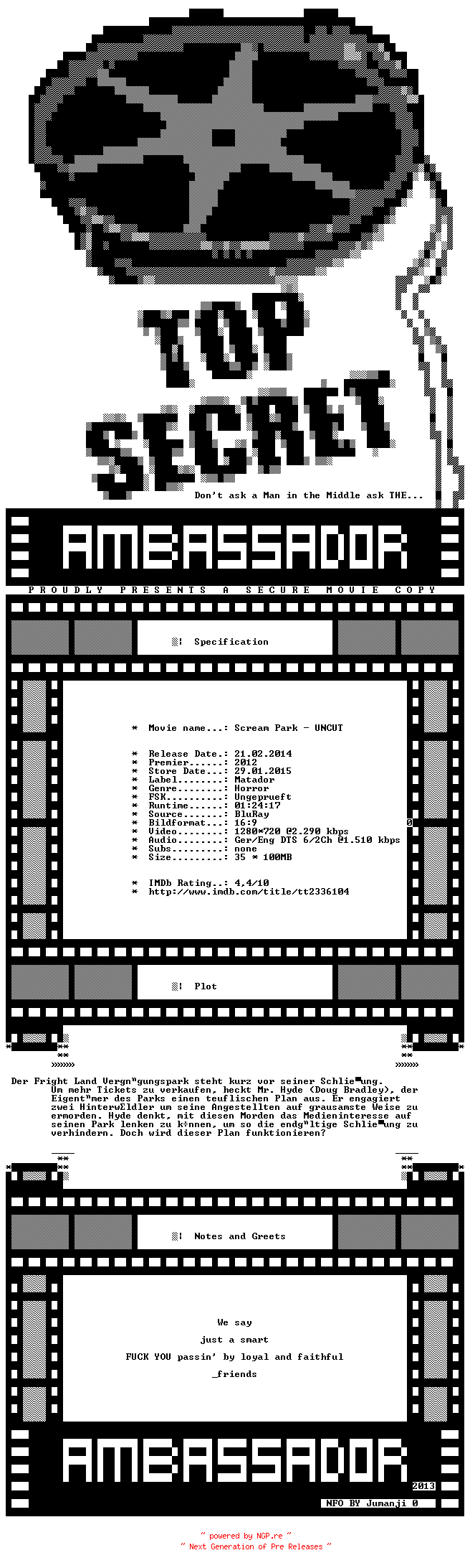 NFO for the release Scream.Park.UNCUT.GERMAN.2012.DL.720P.BLURAY.X264-AMBASSADOR by AMBASSADOR