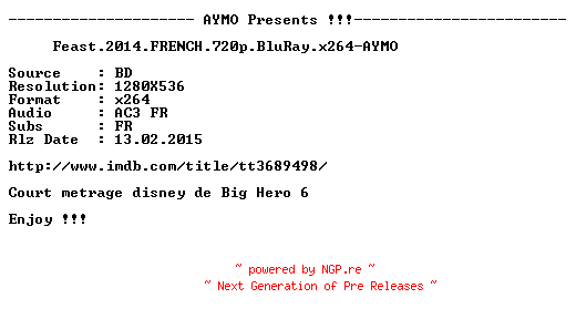 NFO for the release Feast.2014.FRENCH.720p.BluRay.x264-AYMO by AYMO