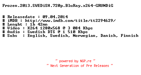 NFO for the release Frozen.2013.SWEDiSH.720p.BluRay.x264-GRUNDiG by GRUNDiG