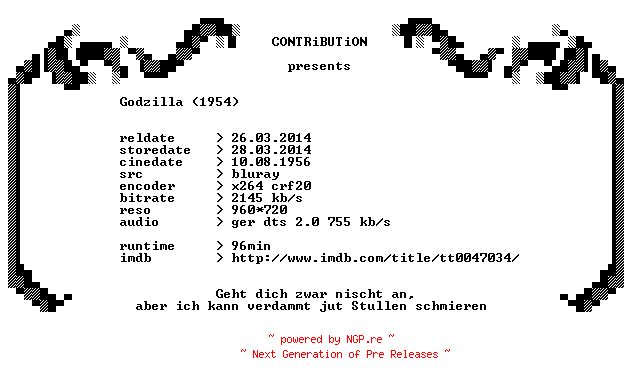 NFO for the release Godzilla.1954.German.720p.BluRay.x264-CONTRiBUTiON by CONTRiBUTiON