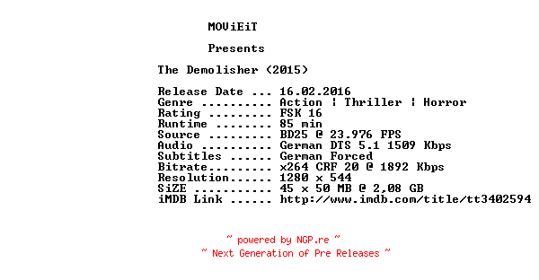 NFO for the release The.Demolisher.2015.GERMAN.720p.BluRay.x264-MOViEiT by MOViEiT