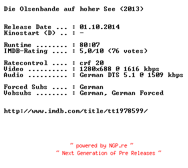 NFO for the release Die.Olsenbande.auf.hoher.See.2013.German.720p.BluRay.x264-EXQUiSiTE by EXQUiSiTE