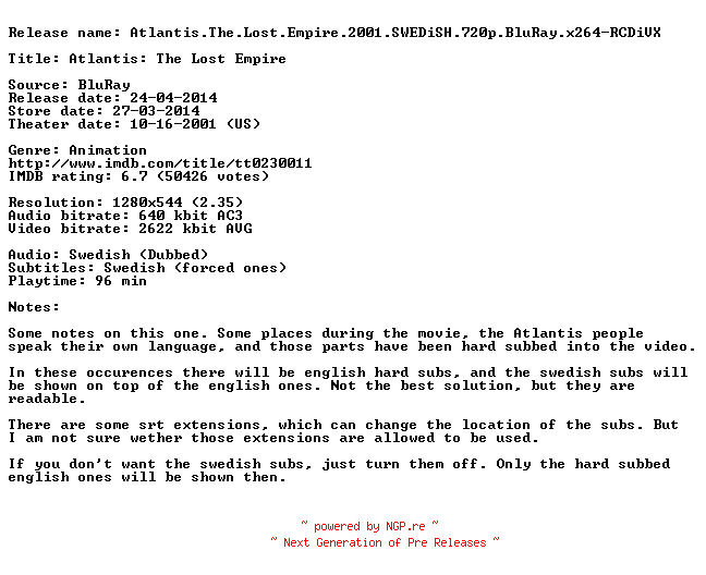 NFO for the release Atlantis.The.Lost.Empire.2001.SWEDiSH.720p.BluRay.x264-RCDiVX by RCDiVX