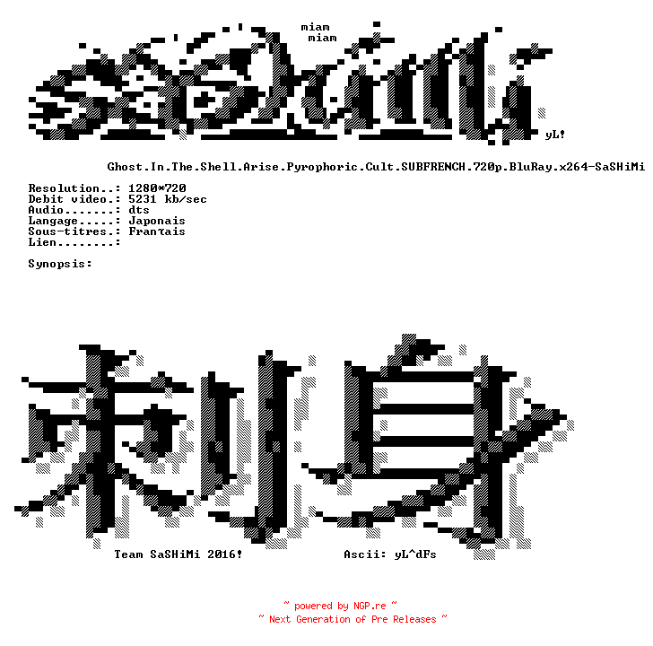 NFO for the release Ghost.In.The.Shell.Arise.Pyrophoric.Cult.SUBFRENCH.720p.BluRay.x264-SaSHiMi by SaSHiMi