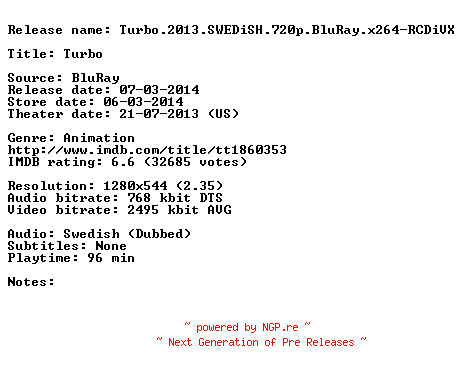 NFO for the release Turbo.2013.SWEDiSH.720p.BluRay.x264-RCDiVX by RCDiVX