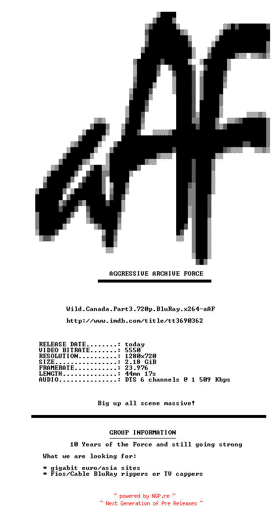 NFO for the release Wild.Canada.Part3.720p.BluRay.x264-aAF by aAF