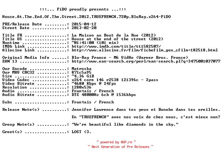 NFO for the release House.At.The.End.Of.The.Street.2012.TRUEFRENCH.720p.BluRay.x264-FiDO by FiDO