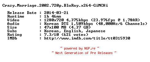 NFO for the release Crazy.Marriage.2002.720p.BluRay.x264-GiMCHi by GiMCHi