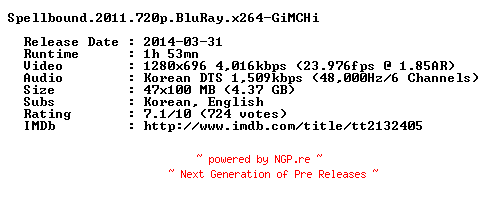 NFO for the release Spellbound.2011.720p.BluRay.x264-GiMCHi by GiMCHi
