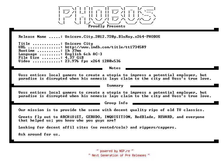 NFO for the release Unicorn.City.2012.720p.BluRay.x264-PHOBOS by PHOBOS