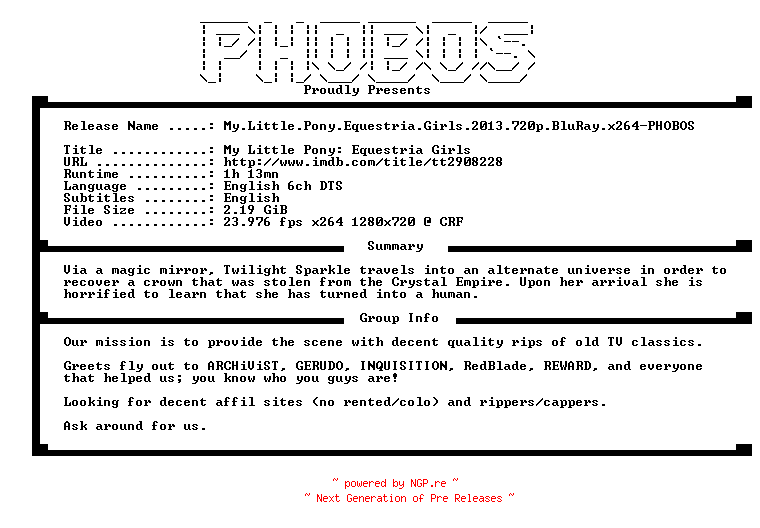 NFO for the release My.Little.Pony.Equestria.Girls.2013.720p.BluRay.x264-PHOBOS by PHOBOS