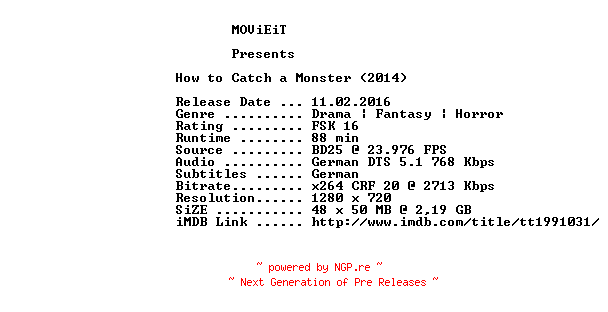 NFO for the release How.to.Catch.a.Monster.2014.GERMAN.720p.BluRay.x264-MOViEiT by MOViEiT