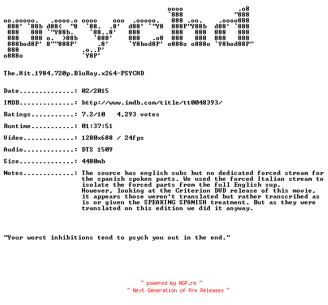 NFO for the release The.Hit.1984.720p.BluRay.x264-PSYCHD by PSYCHD