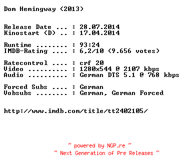 NFO for the release Dom.Hemingway.German.720p.BluRay.x264-EXQUiSiTE by EXQUiSiTE