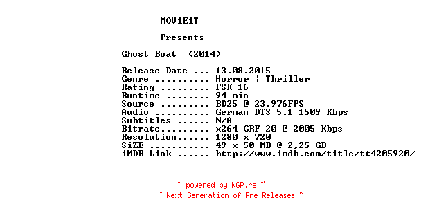NFO for the release Ghost.Boat.2014.German.720p.BluRay.x264-MOViEiT by MOViEiT