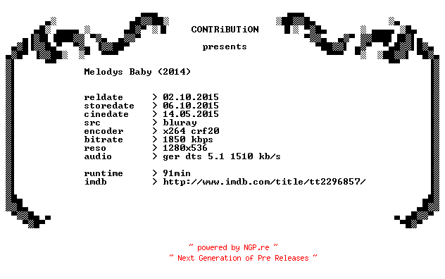 NFO for the release Melodys.Baby.2014.German.720p.BluRay.x264-CONTRiBUTiON by CONTRiBUTiON