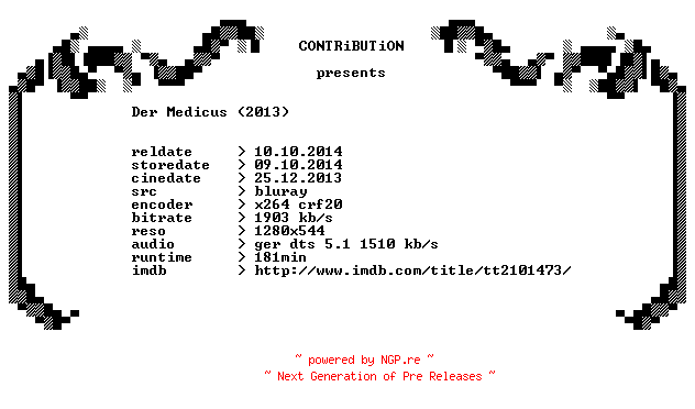 NFO for the release Der.Medicus.2013.EXTENDED.German.720p.BluRay.x264-CONTRiBUTiON by CONTRiBUTiON