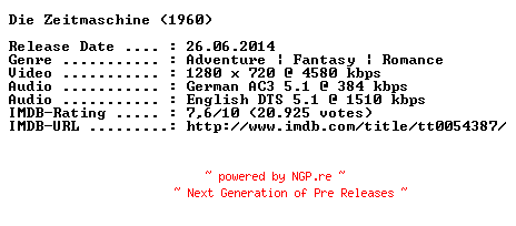 NFO for the release Die.Zeitmaschine.1960.GERMAN.AC3D.DL.720p.BluRay.x264-COOLHD by COOLHD