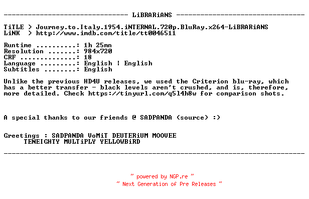 NFO for the release Journey.to.Italy.1954.iNTERNAL.720p.BluRay.x264-LiBRARiANS by LiBRARiANS