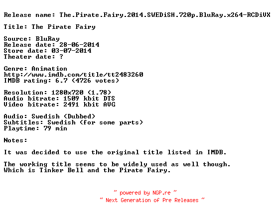 NFO for the release The.Pirate.Fairy.2014.SWEDiSH.720p.BluRay.x264-RCDiVX by RCDiVX