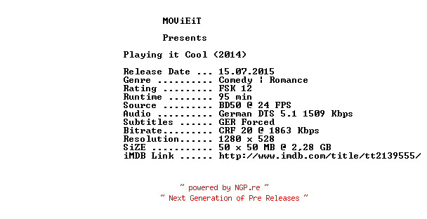 NFO for the release Playing.It.Cool.2014.German.720p.BluRay.x264-MOViEiT by MOViEiT