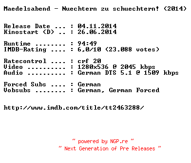 NFO for the release Maedelsabend.Nuechtern.zu.schuechtern.German.720p.BluRay.x264-EXQUiSiTE by EXQUiSiTE