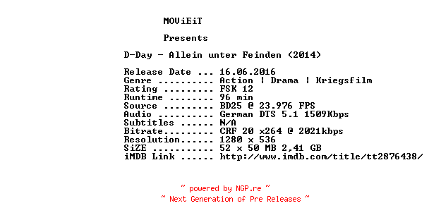 NFO for the release D.Day.Allein.unter.Feinden.2014.GERMAN.720p.BluRay.x264-MOViEiT by MOViEiT