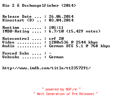 NFO for the release Rio.2.Dschungelfieber.German.720p.BluRay.x264-EXQUiSiTE by EXQUiSiTE