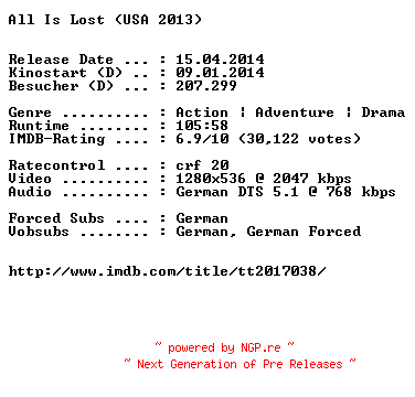 NFO for the release All.Is.Lost.German.720p.BluRay.x264-EXQUiSiTE by EXQUiSiTE