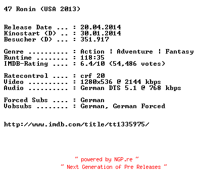 NFO for the release 47.Ronin.German.720p.BluRay.x264-EXQUiSiTE by EXQUiSiTE