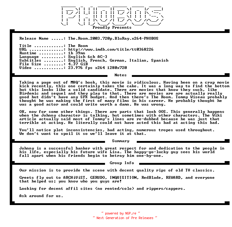NFO for the release The.Room.2003.720p.BluRay.x264-PHOBOS by PHOBOS