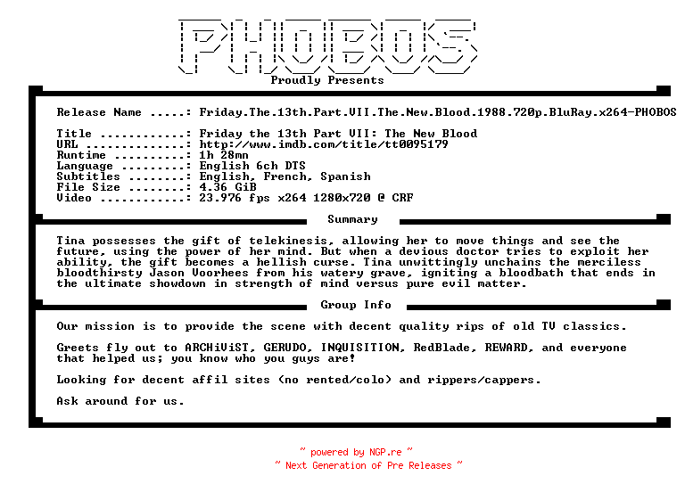 NFO for the release Friday.The.13th.Part.VII.The.New.Blood.1988.720p.BluRay.x264-PHOBOS by PHOBOS