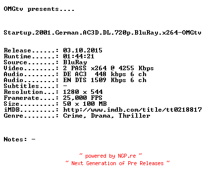 NFO for the release Startup.2001.German.AC3D.DL.720p.BluRay.x264-OMGtv by OMGtv