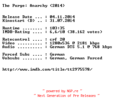 NFO for the release The.Purge.Anarchy.German.720p.BluRay.x264-EXQUiSiTE by EXQUiSiTE