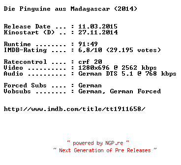 NFO for the release Die.Pinguine.aus.Madagascar.German.720p.BluRay.x264-EXQUiSiTE by EXQUiSiTE