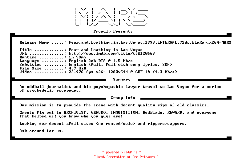 NFO for the release Fear.and.Loathing.in.Las.Vegas.1998.iNTERNAL.720p.BluRay.x264-MARS by MARS