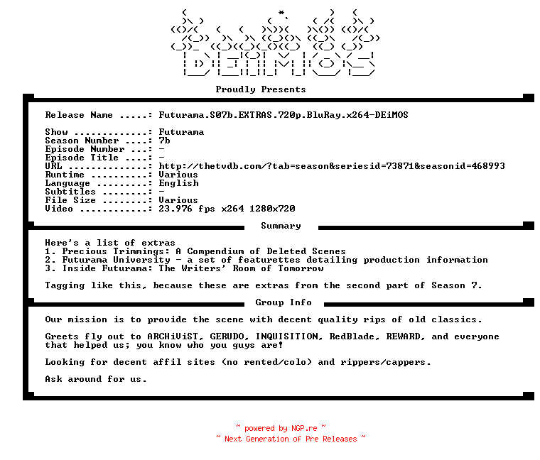 NFO for the release Futurama.S07b.EXTRAS.720p.BluRay.x264-DEiMOS by DEiMOS
