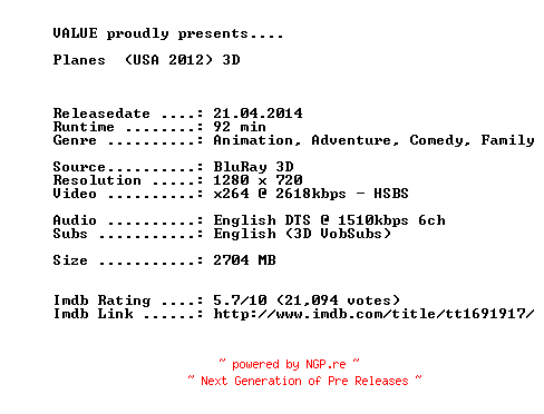 NFO for the release Planes.2013.3D.720p.BluRay.x264-VALUE by VALUE