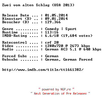 NFO for the release Zwei.vom.alten.Schlag.German.720p.BluRay.x264-EXQUiSiTE by EXQUiSiTE