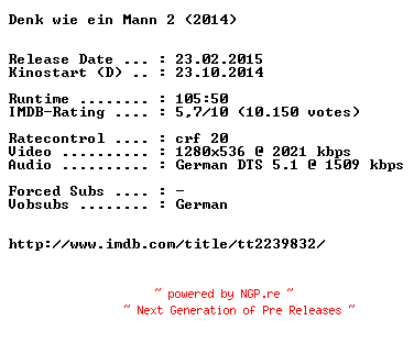 NFO for the release Denk.wie.ein.Mann.2.German.720p.BluRay.x264-EXQUiSiTE by EXQUiSiTE